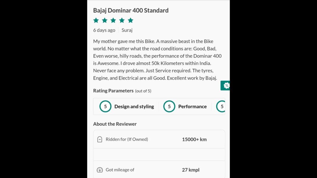 Bajaj Dominar 400 reviews